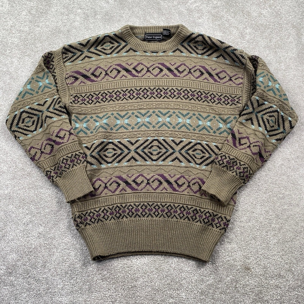 VTG Peter England Wool Blend Knit Sweater Size M Brown Geometric